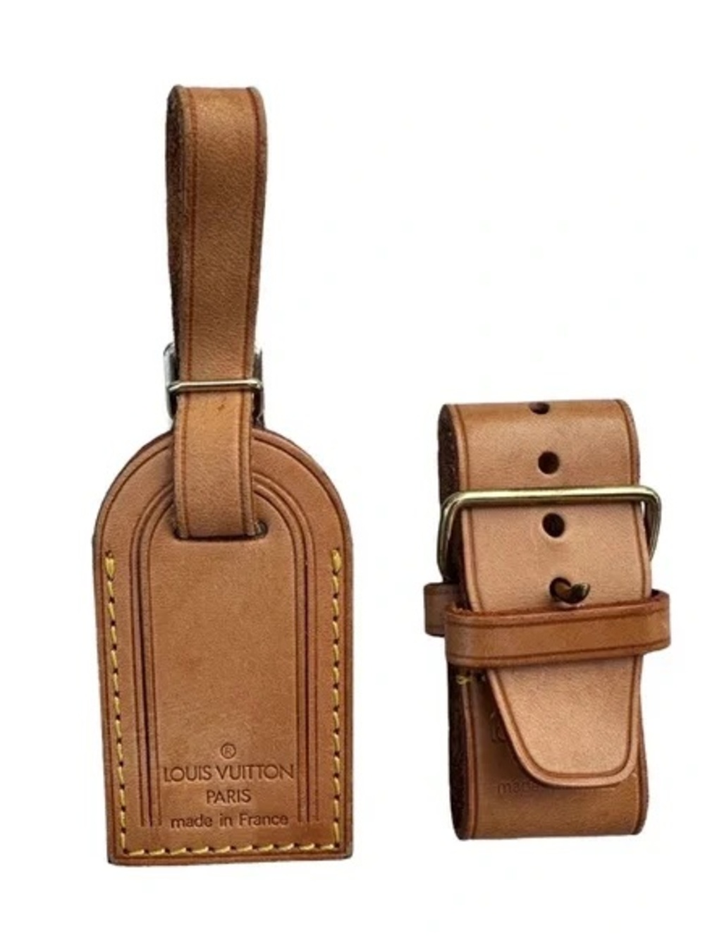 AUTHENTIC Louis Vuitton Tan Leather Luggage Tag and Belt Keeper Set